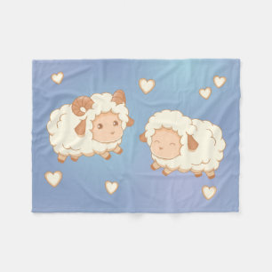 Two Cute Little Sheep on Blue Fleece Blanket