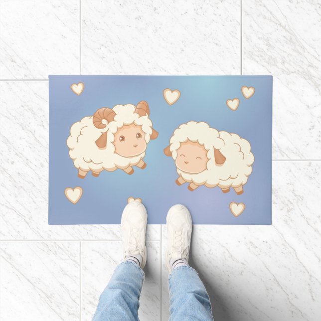 Two Cute Little Sheep Ram Ewe on Blue Doormat (Indoor)