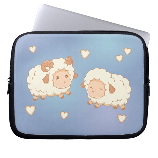 Two Cute Little Sheep Ram Ewe on Blue Laptop Sleeve (Front)