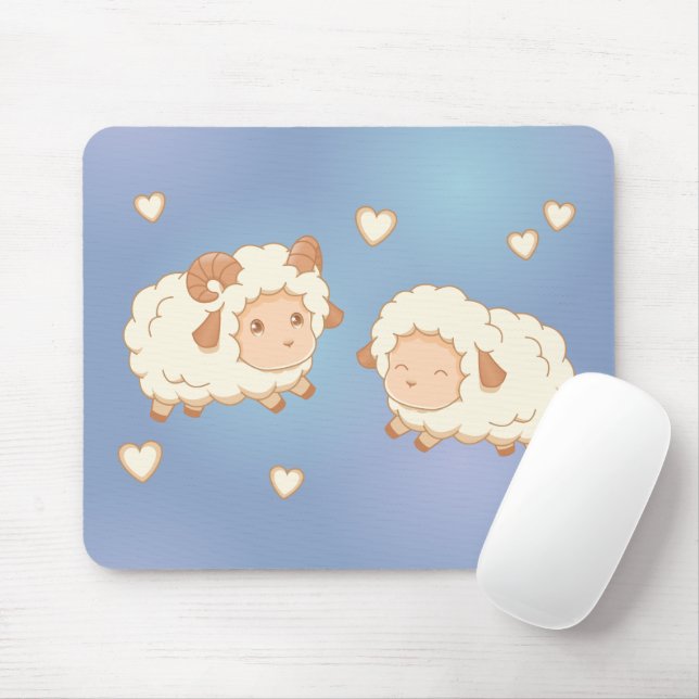 Two Cute Little Sheep Ram Ewe on Blue Mouse Pad (With Mouse)