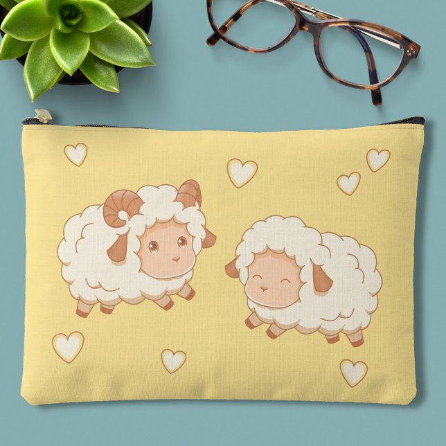 Two Cute Little Sheep Ram Ewe on Yellow Accessory Pouch (Creator Uploaded)