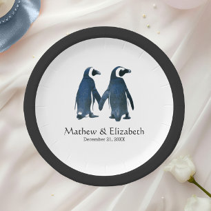 Two Cute Penguins   Romantic Wedding Paper Plate