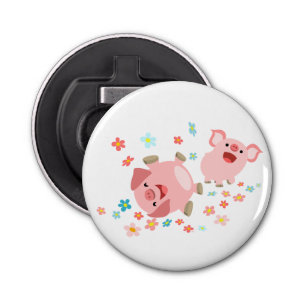 Two Cute Pigs in Spring Button Bottle Opener