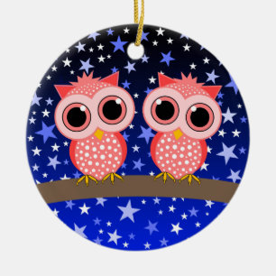 two cute pink owls ceramic tree decoration