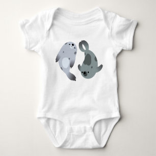Two Cute Playful Cartoon Harp Seals Baby Bodysuit