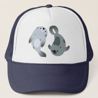Two Cute Playful Cartoon Harp Seals Hat