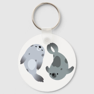 Two Cute Playful Cartoon Harp Seals Keychain