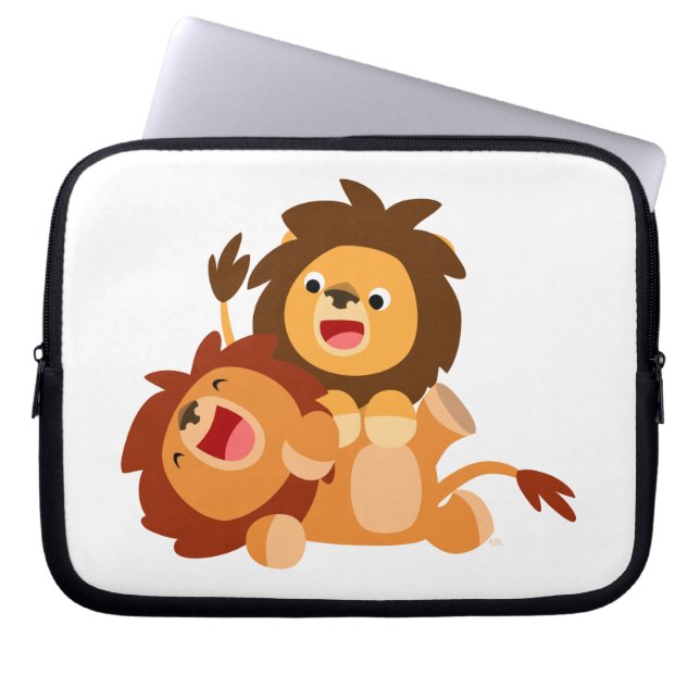 Two Cute Playful Cartoon Lions Laptop Case (Front)