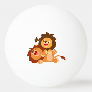 Two Cute Playful Cartoon Lions Ping Pong Ball