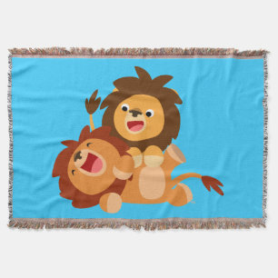 Two Cute Playful Cartoon Lions Throw Blanket