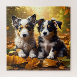 Two Cute Puppies Playing in Fall Leaves Jigsaw Puzzle