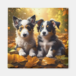 Two Cute Puppies Playing in Fall Leaves Magnet