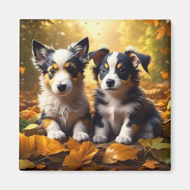 Two Cute Puppies Playing in Fall Leaves Magnet (Front)