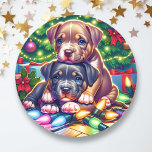 Two Cute Puppies Playing under the Christmas Tree Classic Round Sticker<br><div class="desc">Cute Christmas stickers to seal Christmas cards or stocking stuff with an illustration of two cute puppies playing under the Christmas tree.</div>