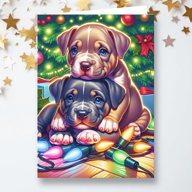 Two Cute Puppies Playing under the Christmas Tree Holiday Card (Creator Uploaded)