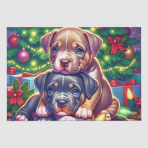 Two Cute Puppies Playing under the Christmas Tree Tissue Paper