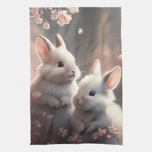 Two cute rabbits with sakura Kitchen Towels (Vertical)