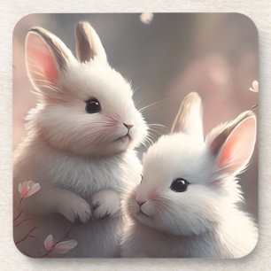 Two cute rabbits with sakura plastic coaster