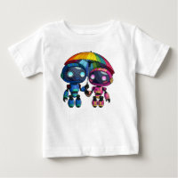 two cute robots with a colourful umbrella