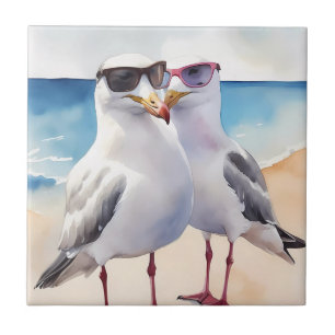 Two Cute Seagulls Inlove Tile