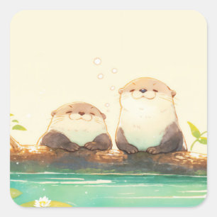 Two Cute Sleeping Baby Otters on Log with Lily Pad Square Sticker