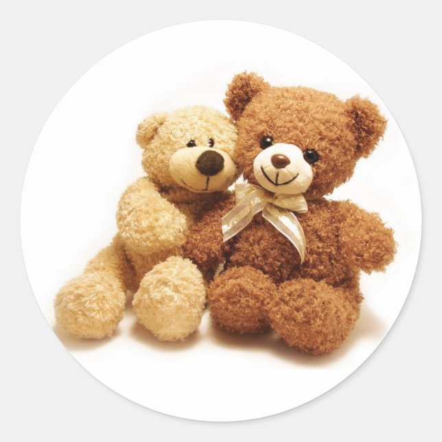Two Cute Teddy Bears Design Classic Round Sticker (Front)