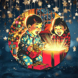Two Cute Vintage Asian Children Christmas Classic Round Sticker<br><div class="desc">A sweet illustration of two Asian kids opening gifts on Christmas done in a comic book pop art style. Pretty festive colouring Holiday stickers to seal your Christmas card envelopes.</div>