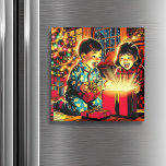 Two Cute Vintage Asian Children Christmas Magnet<br><div class="desc">A sweet illustration of two Asian kids opening gifts on Christmas done in a comic book pop art style. Pretty festive holiday magnet keepsake.</div>