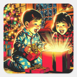 Two Cute Vintage Asian Children Christmas Square Sticker