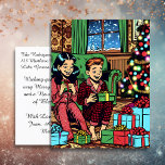 Two Cute Vintage Children Christmas Holiday Postcard<br><div class="desc">A sweet illustration of two Asian kids opening gifts on Christmas done in a comic book pop art style. Pretty festive holiday personalised Christmas postcard. Kids are a bit darker skinned with darker hair to represent Italian,  Hispanic,  Latino,  Brazilian or Mexican heritages.</div>