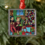 Two Cute Vintage Children Christmas  Metal Tree Decoration<br><div class="desc">A sweet illustration of two Hispanic kids opening gifts on Christmas done in a comic book pop art style.  Kids are a bit darker skinned with darker hair to represent Italian,  Hispanic,  Latino,  Brazilian or Mexican heritages.</div>