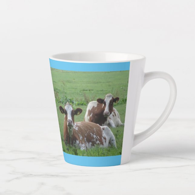 Two Cute White-Brown Cows Cust. Blue Latte Mug (Right)