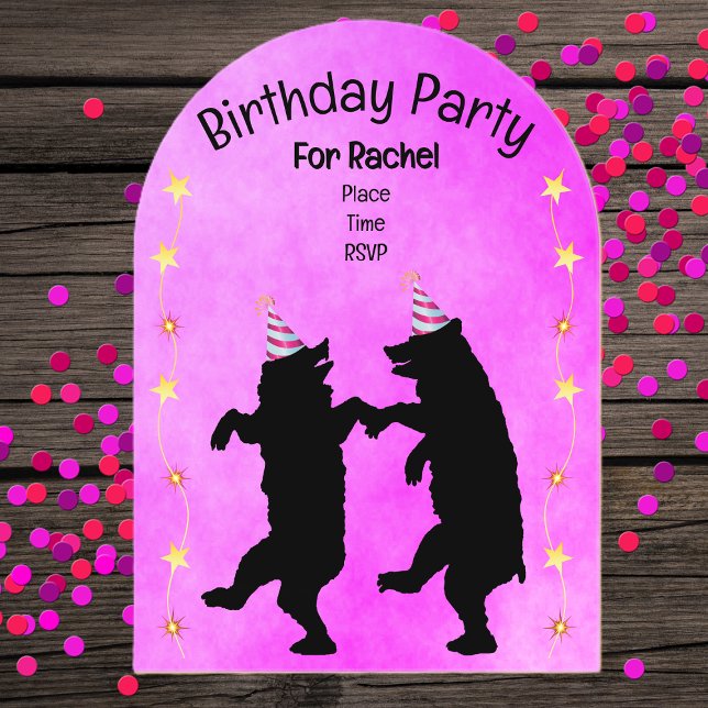 Two Dancing Black Bears Party Hats Gold Stars Pink Acrylic Invitations (Dancing black bears party hats gold stars on vibrant pink acrylic Birthday party invitation.)