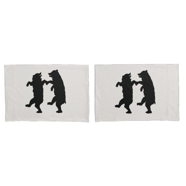 Two Dancing Black Silhouette Bears on White Pillowcase (Front-Set)