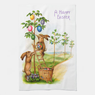 Two Decorating Rabbits Tea Towel