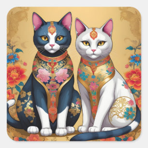 Two decorative floral cats square sticker