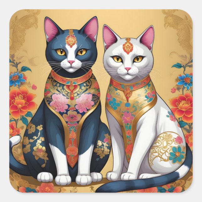 Two decorative floral cats square sticker (Front)