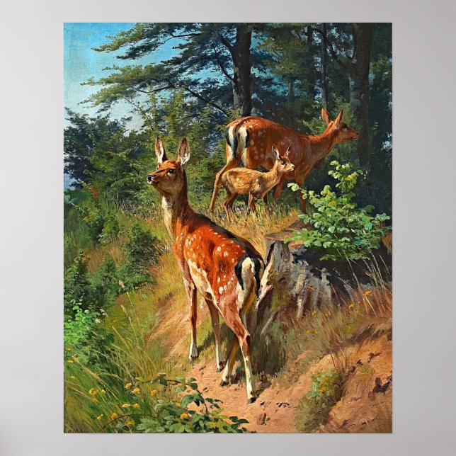 Two Deer And Cute Fawn In The Forest Poster (Front)