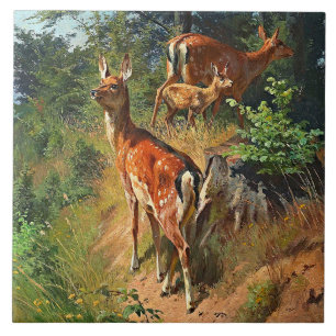 Two Deer And Cute Fawn In The Forest Tile