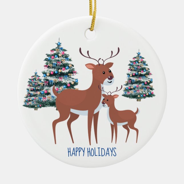 Two Deer And Three Trees Ceramic Circle Ornament (Front)