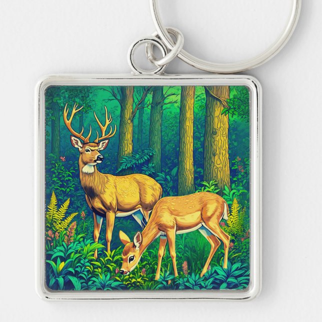 Two Deer in a Green Forest  Key Ring (Front)