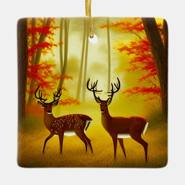 Two deer in an Autumn Forest / Woods Ceramic Ornament (Front)