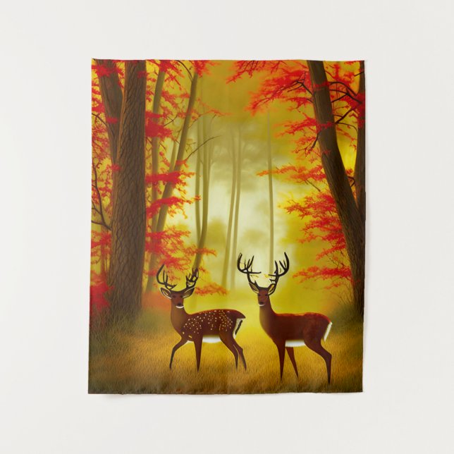 Two deer in an Autumn Forest / Woods Tapestry (Front)