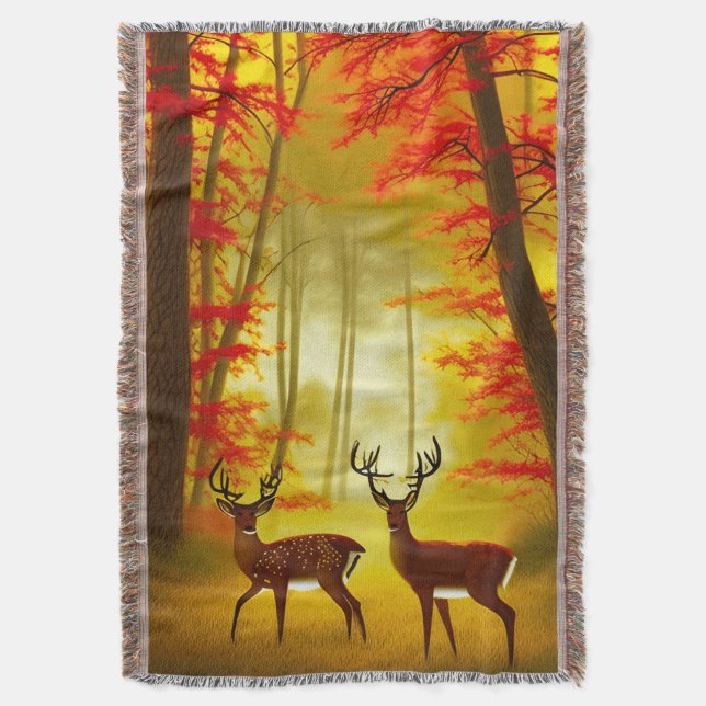 Two deer in an Autumn Forest / Woods Throw Blanket (Front Vertical)