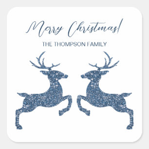 Two Deer In Faux Blue Glitter Look And Custom Text Square Sticker