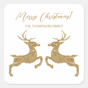 Two Deer In Faux Yellow Glitter With Custom Text Square Sticker