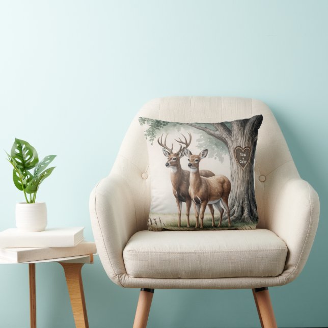 Two Deer With Carved Heart and Names Cushion (Chair)
