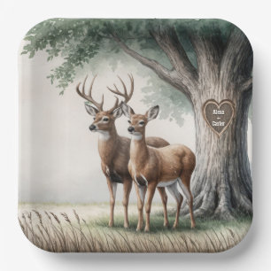 Two Deer With Carved Heart and Names Paper Plate