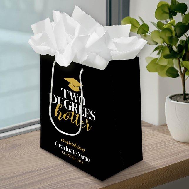Two Degrees Hotter - Name - Black Gold Graduation Medium Gift Bag (Custom Graduation Gift Bag with a pace for the graduate's name)