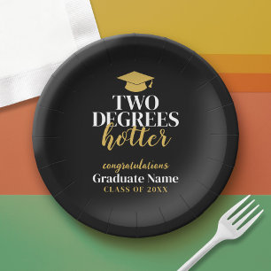 Two Degrees Hotter - Name - Black Gold Graduation Paper Plate